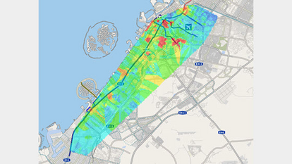 Visualisation d’audit du spectre pour optimiser la planification des fréquences Carte avec superposition d’une carte thermique d’utilisation du spectre – illustre les audits de spectre de LS telcom visant à améliorer la planification et l’allocation dynamique des fréquences.