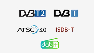 Supporting All Broadcast Standards - Digital and Analog Systems Logos of various supported broadcast standards including DVB-T2, ATSC 3.0, ISDB-T, and more.