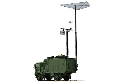Shelter-based Monitoring Vehicle with Elevated Antennas Green shelter vehicle with integrated mast and antennas for climate-controlled spectrum monitoring in remote or critical areas
