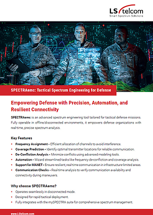 Flyer about SPECTRAemc, a tactical spectrum engineering tool for defense operations in disconnected environments.