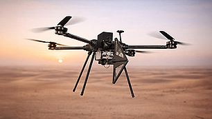 Drone-based airborne monitoring unit for military spectrum monitoring above desert terrain.