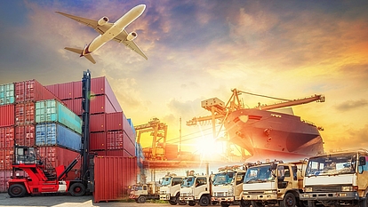 Communication Networks for Transport Hubs Aircraft, containers and cargo ship representing radio networks for airports, ports and logistics hubs.