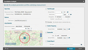 Korrelationsanalyse-Funktion in der Spektrummonitoring-Oberfläche Screenshot der LS OBSERVER-Software mit Einstellungen zur Korrelationsanalyse – Vergleich von Senderdaten mit gemessenen Spektrumwerten basierend auf Richtung, Frequenz und Feldstärke.