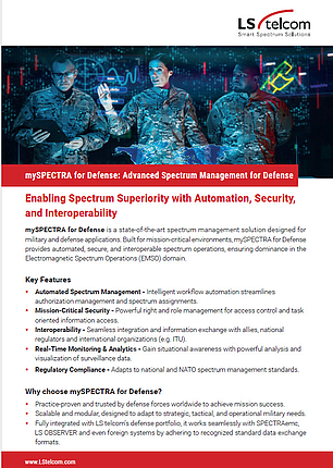 Flyer promoting mySPECTRA for Defense, an advanced spectrum management solution for military operations.