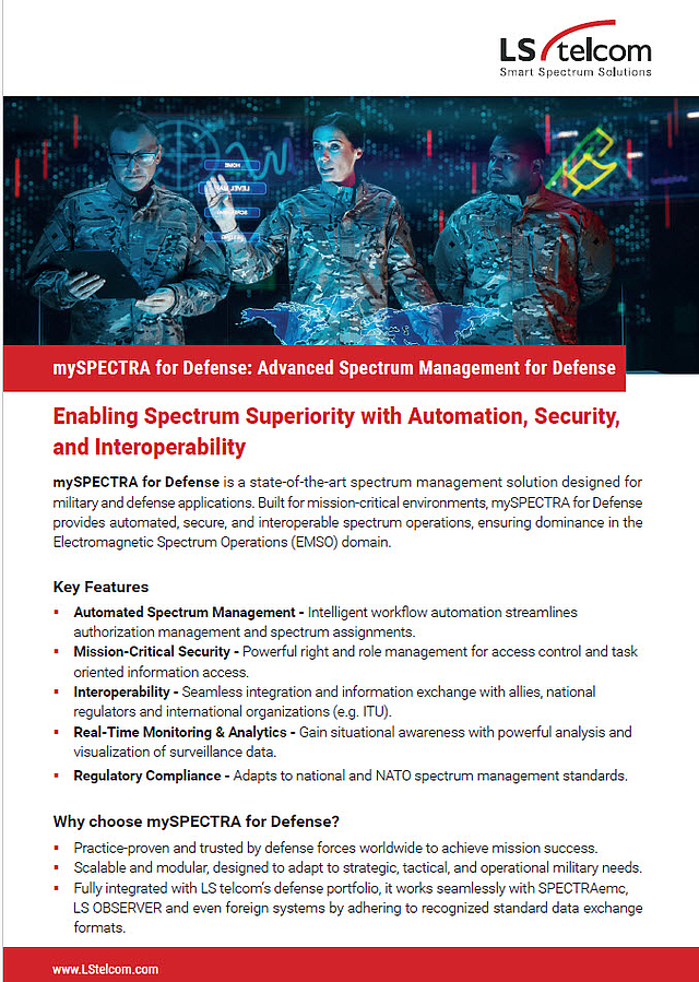 Flyer promoting mySPECTRA for Defense, an advanced spectrum management solution for military operations.