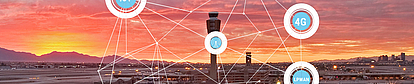 Integración de redes inalámbricas en el aeropuerto Vista panorámica de un aeropuerto al atardecer con la torre de control en el centro. Gráficos de red superpuestos conectan varios nodos con líneas, mostrando íconos etiquetados como '4G', 'LPWAN' y otros, simbolizando la comunicación inalámbrica y la integración de redes en el aeropuerto.