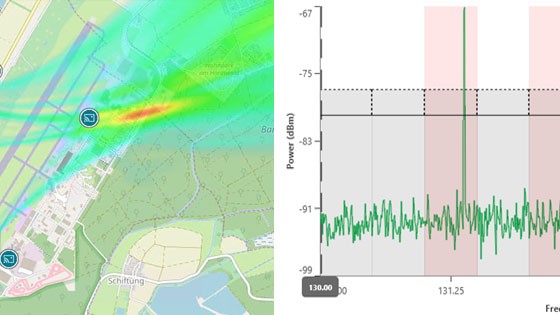 Map displaying spectrum monitoring data with signal strength heatmap and frequency graph.