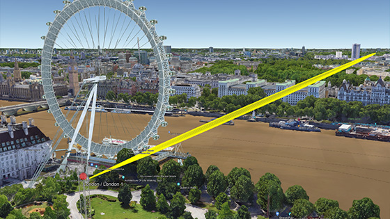 Google-Earth-Bild, auf dem eine Funkverbindung und ihre Fresnel-Zone zwischen zwei Standorten neben dem London Eye zu sehen ist